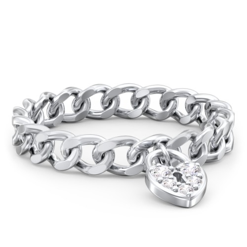 Chain Ring with Pavé Heart Padlock Charm – Sterling Silver with White Premium Zirconia