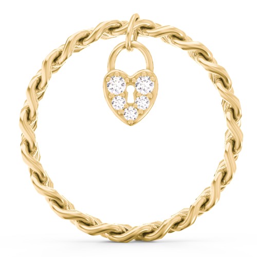 Chain Ring with Pavé Heart Padlock Charm – 10K Yellow Gold with White Premium Zirconia