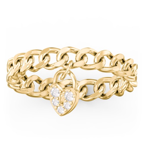 Chain Ring with Pavé Heart Padlock Charm – 10K Yellow Gold with White Premium Zirconia