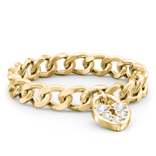 Chain Ring with Pavé Heart Padlock Charm – 10K Yellow Gold with White Premium Zirconia