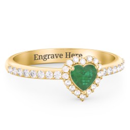 Halo Heart Ring with Accented Band in 18K Gold Plated Silver with Emerald and White Premium Zirconia