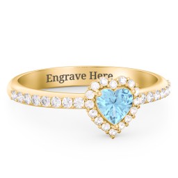 Halo Heart Ring with Accented Band in 18K Gold Plated Silver with Blue Topaz and White Premium Zirconia