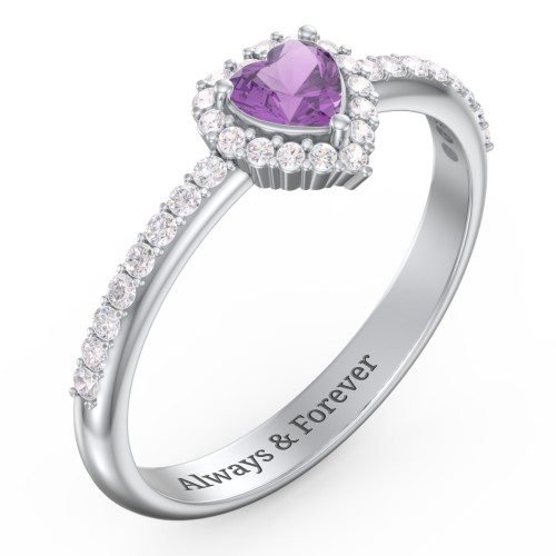 Halo Heart Ring with Accented Band – Sterling Silver with Amethyst and White Premium Zirconia
