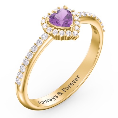 Halo Heart Ring with Accented Band – 18K Gold Plated Silver with Amethyst and White Premium Zirconia