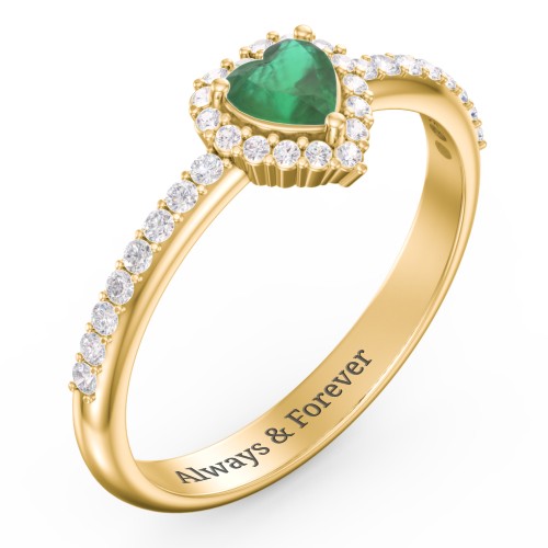 Halo Heart Ring with Accented Band – 18K Gold Plated Silver with Emerald and White Premium Zirconia