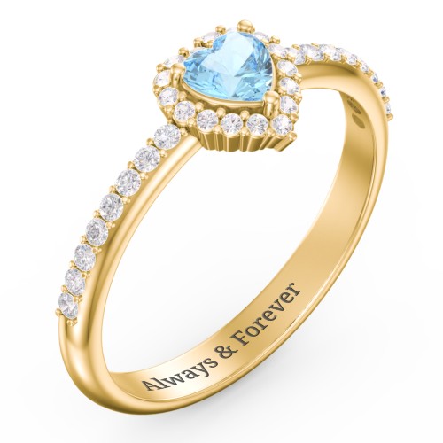 Halo Heart Ring with Accented Band – 18K Gold Plated Silver with Blue Topaz and White Premium Zirconia
