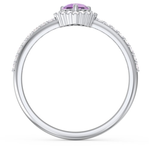 Halo Heart Ring with Accented Band – Sterling Silver with Amethyst and White Premium Zirconia