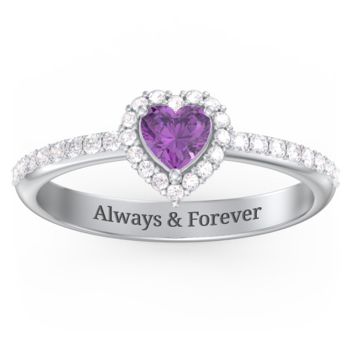 Halo Heart Ring with Accented Band – Sterling Silver with Amethyst and White Premium Zirconia