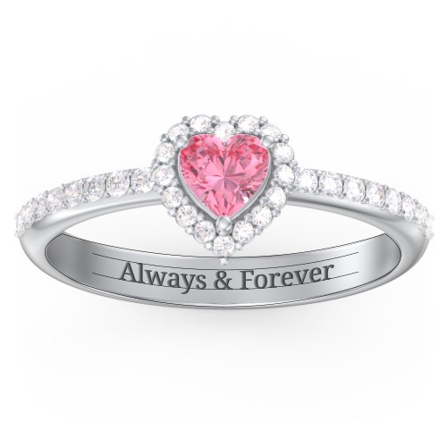 Halo Heart Ring with Accented Band – Sterling Silver with Pink Tourmaline and White Premium Zirconia