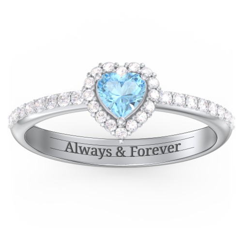 Halo Heart Ring with Accented Band – Sterling Silver with Blue Topaz and White Premium Zirconia