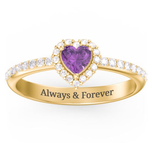 Halo Heart Ring with Accented Band – 18K Gold Plated Silver with Amethyst and White Premium Zirconia
