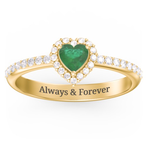 Halo Heart Ring with Accented Band – 18K Gold Plated Silver with Emerald and White Premium Zirconia