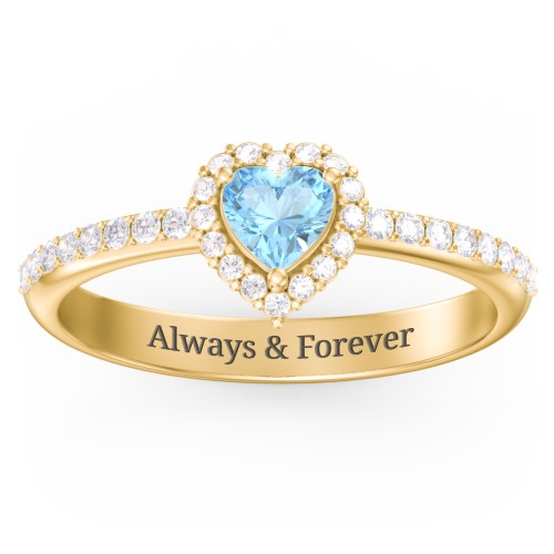 Halo Heart Ring with Accented Band – 18K Gold Plated Silver with Blue Topaz and White Premium Zirconia