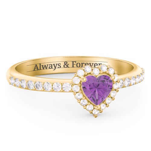 Halo Heart Ring with Accented Band – 18K Gold Plated Silver with Amethyst and White Premium Zirconia