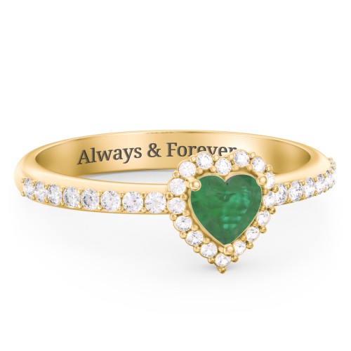 Halo Heart Ring with Accented Band – 18K Gold Plated Silver with Emerald and White Premium Zirconia