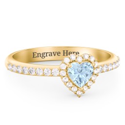 Halo Heart Ring with Accented Band in 18K Gold Plated Silver with Aquamarine and White Premium Zirconia