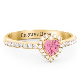Halo Heart Ring with Accented Band in 18K Gold Plated Silver with Pink Tourmaline and White Premium Zirconia