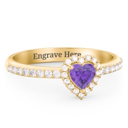 Halo Heart Ring with Accented Band in 18K Gold Plated Silver with Amethyst and White Premium Zirconia