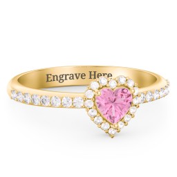 Halo Heart Ring with Accented Band in 18K Gold Plated Silver with Pink Tourmaline and White Premium Zirconia