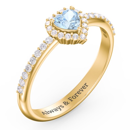 Halo Heart Ring with Accented Band – 18K Gold Plated Silver with Aquamarine and White Premium Zirconia