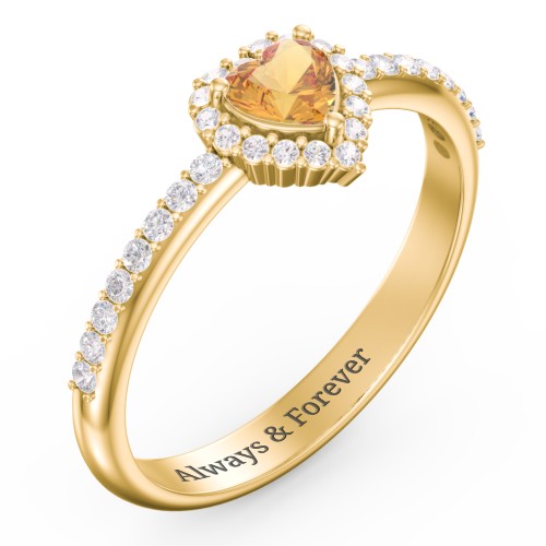 Halo Heart Ring with Accented Band – 18K Gold Plated Silver with Citrine and White Premium Zirconia