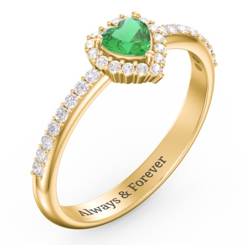 Halo Heart Ring with Accented Band – 18K Gold Plated Silver with Emerald and White Premium Zirconia