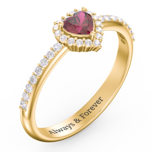 Halo Heart Ring with Accented Band – 18K Gold Plated Silver with Ruby and White Premium Zirconia
