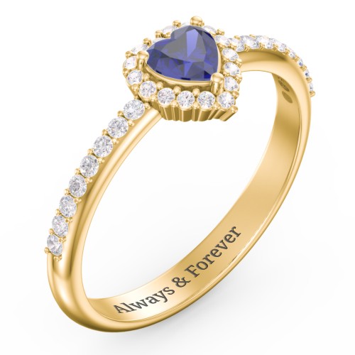 Halo Heart Ring with Accented Band – 18K Gold Plated Silver with Blue Sapphire and White Premium Zirconia