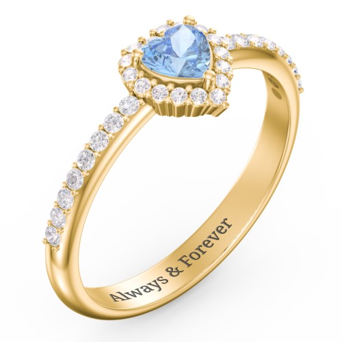 Halo Heart Ring with Accented Band – 18K Gold Plated Silver with Blue Topaz and White Premium Zirconia