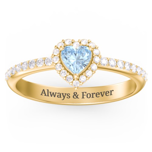 Halo Heart Ring with Accented Band – 18K Gold Plated Silver with Aquamarine and White Premium Zirconia