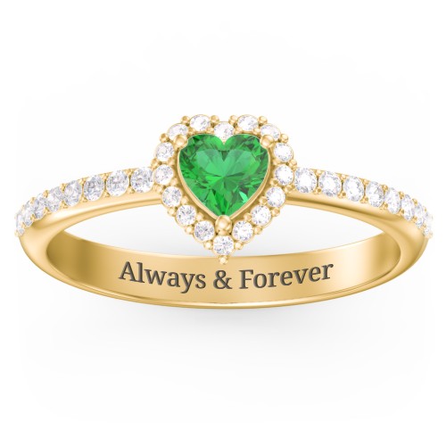 Halo Heart Ring with Accented Band – 18K Gold Plated Silver with Emerald and White Premium Zirconia