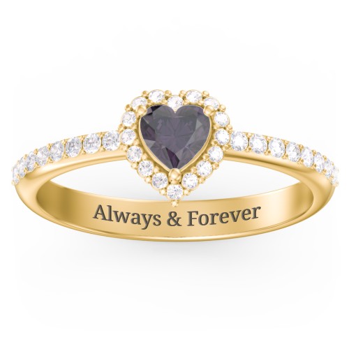 Halo Heart Ring with Accented Band – 18K Gold Plated Silver with Alexandrite and White Premium Zirconia