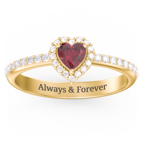 Halo Heart Ring with Accented Band – 18K Gold Plated Silver with Ruby and White Premium Zirconia