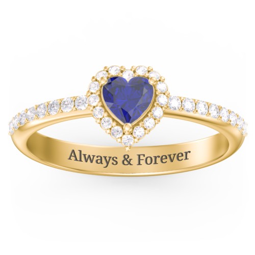 Halo Heart Ring with Accented Band – 18K Gold Plated Silver with Blue Sapphire and White Premium Zirconia