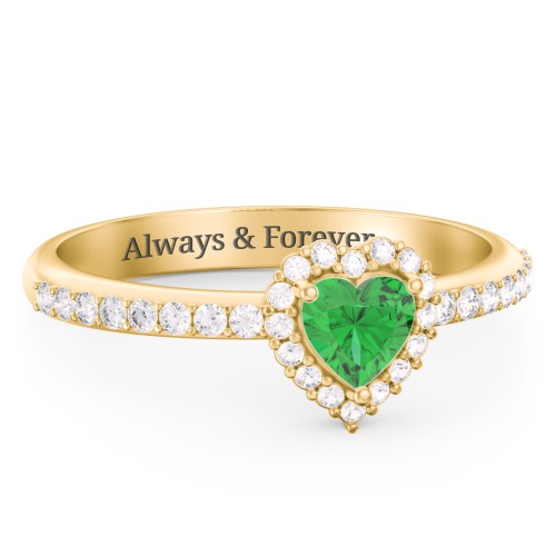 Halo Heart Ring with Accented Band – 18K Gold Plated Silver with Emerald and White Premium Zirconia