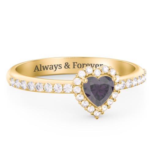 Halo Heart Ring with Accented Band – 18K Gold Plated Silver with Alexandrite and White Premium Zirconia