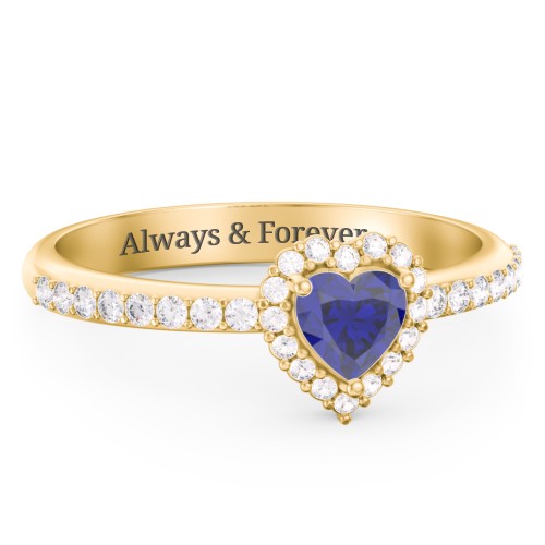 Halo Heart Ring with Accented Band – 18K Gold Plated Silver with Blue Sapphire and White Premium Zirconia