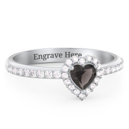 Halo Heart Ring with Accented Band in 925 Sterling Silver with Smokey Quartz and White Premium Zirconia