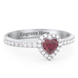 Halo Heart Ring with Accented Band in 925 Sterling Silver with Ruby and White Premium Zirconia