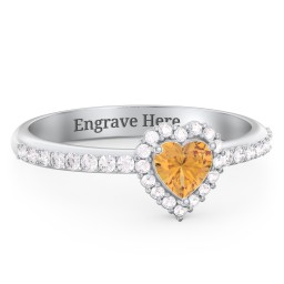 Halo Heart Ring with Accented Band in 925 Sterling Silver with Citrine and White Premium Zirconia