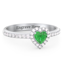 Halo Heart Ring with Accented Band in 925 Sterling Silver with Emerald and White Premium Zirconia