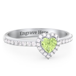 Halo Heart Ring with Accented Band in 925 Sterling Silver with Peridot and White Premium Zirconia