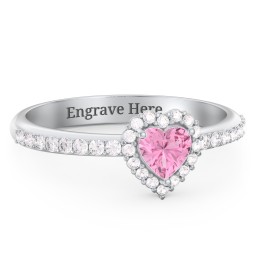 Halo Heart Ring with Accented Band in 925 Sterling Silver with Pink Tourmaline and White Premium Zirconia