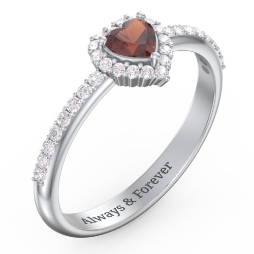 Halo Heart Ring with Accented Band – Sterling Silver with Garnet and White Premium Zirconia