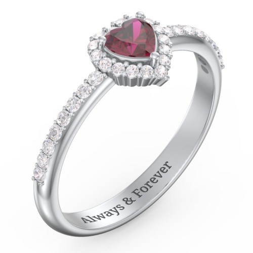 Halo Heart Ring with Accented Band – Sterling Silver with Ruby and White Premium Zirconia