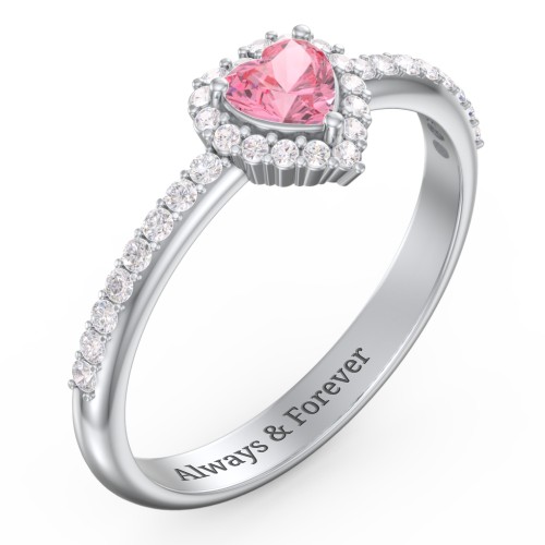 Halo Heart Ring with Accented Band – Sterling Silver with Pink Tourmaline and White Premium Zirconia