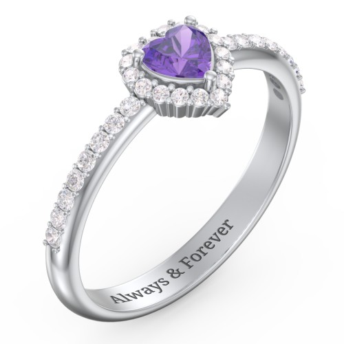 Halo Heart Ring with Accented Band – Sterling Silver with Amethyst and White Premium Zirconia