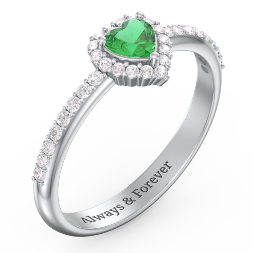 Halo Heart Ring with Accented Band – Sterling Silver with Emerald and White Premium Zirconia
