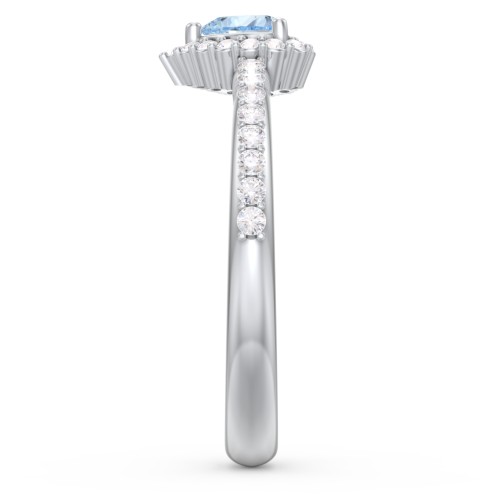 Halo Heart Ring with Accented Band – Sterling Silver with Aquamarine and White Premium Zirconia