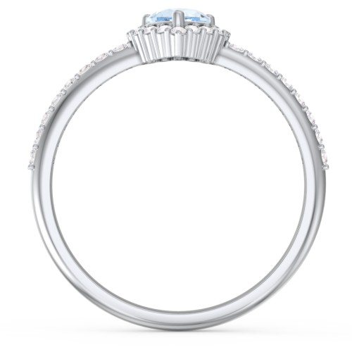 Halo Heart Ring with Accented Band – Sterling Silver with Aquamarine and White Premium Zirconia